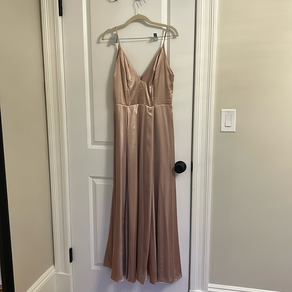 Galina signature bridesmaids dress from
David’s bridal sand color deep v